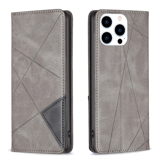For iPhone 15 Pro Rhombus Texture Magnetic Leather Phone Case(Grey) - iPhone 15 Pro Cases by buy2fix | Online Shopping UK | buy2fix