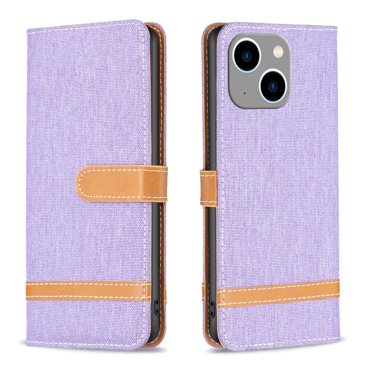 For iPhone 15 Plus Color Block Denim Texture Leather Phone Case(Purple) - iPhone 15 Plus Cases by buy2fix | Online Shopping UK | buy2fix