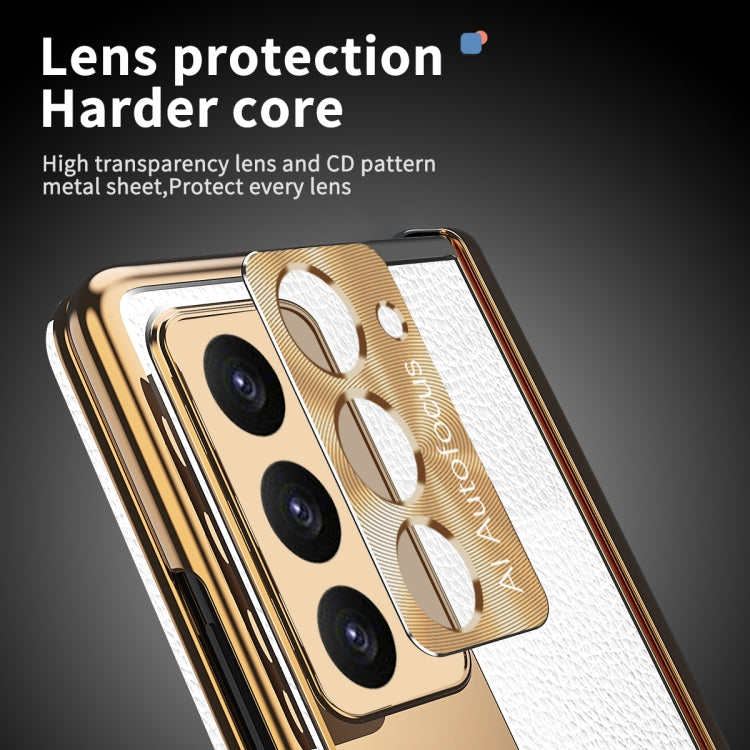 For Samsung Galaxy Z Fold5 Litchi Pattern Magnetic Shell Film Integrated Shockproof Phone Case(Silver Gold) - Galaxy Z Fold5 Cases by buy2fix | Online Shopping UK | buy2fix