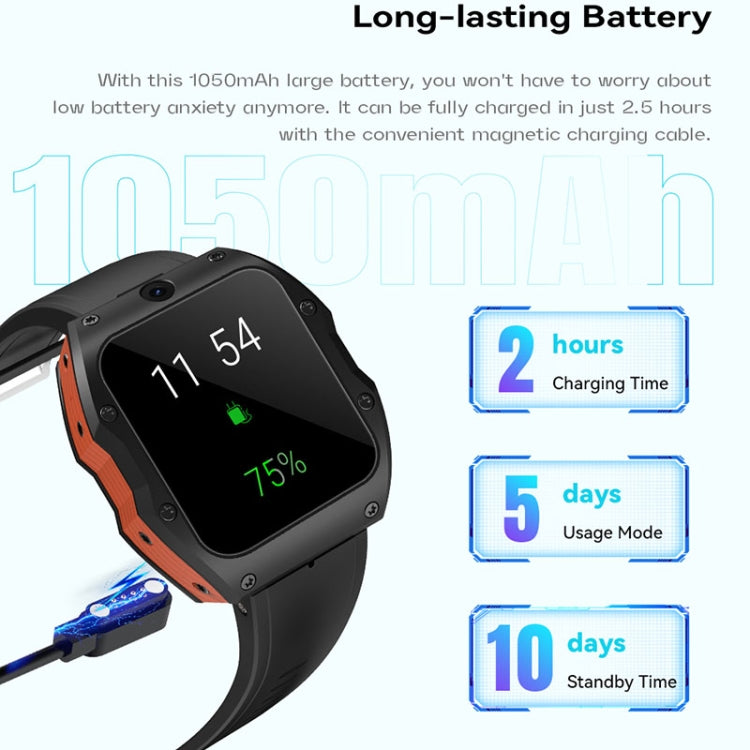 Model X 1.99 inch IP68 Waterproof Android 9.0 4G Dual Cameras Matte Smart Watch, Specification:2GB+16GB(Black Orange) - Android Watch by buy2fix | Online Shopping UK | buy2fix