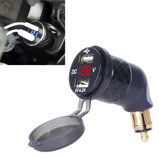 German EU Plug Special Motorcycle Elbow Charger Dual USB Voltmeter 4.2A Charger, Shell Color:Black(Red Light) - In Car by buy2fix | Online Shopping UK | buy2fix