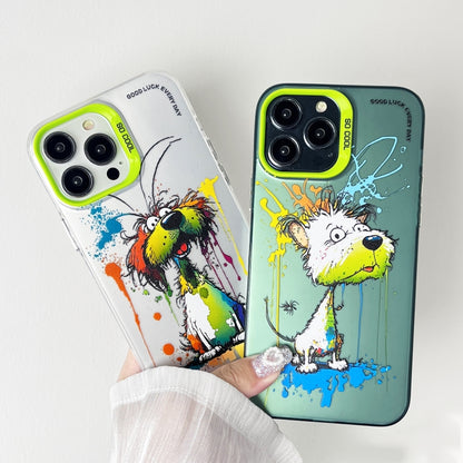 For iPhone 15 Pro Max Double Layer Color Silver Series Animal Oil Painting Phone Case(Green Dog) - iPhone 15 Pro Max Cases by buy2fix | Online Shopping UK | buy2fix