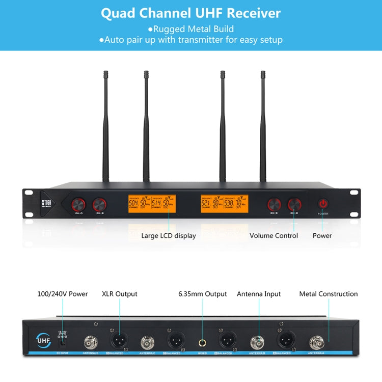 XTUGA A400-B Professional 4-Channel UHF Wireless Microphone System with 4 BodyPack Lavalier Headset Microphone(EU Plug) - Microphone by XTUGA | Online Shopping UK | buy2fix