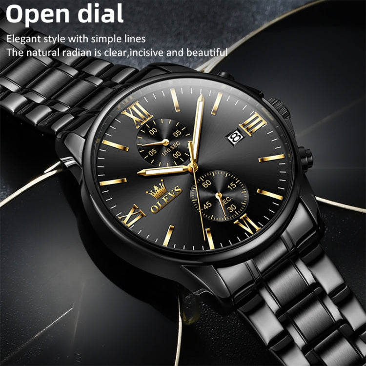 OLEVS 2886 Men Sports Chronograph Waterproof Luminous Quartz Watch(Black Gold Steel Strip) - Metal Strap Watches by OLEVS | Online Shopping UK | buy2fix