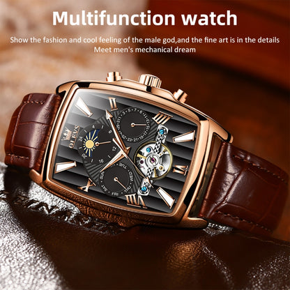 OLEVS 6675 Men Multifunctional Moon Phase Tourbillon Mechanical Watch(Black + Rose Gold) - Leather Strap Watches by OLEVS | Online Shopping UK | buy2fix