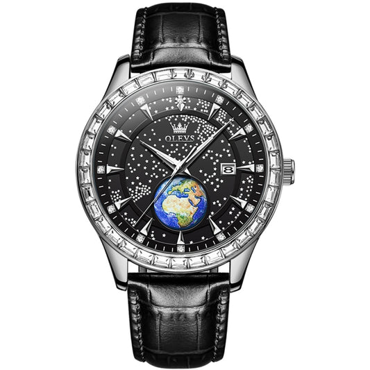 OLEVS 9967 Men Starry Sky Face Diamond Bezel Quartz Watch(Black Leather Strap) - Leather Strap Watches by OLEVS | Online Shopping UK | buy2fix