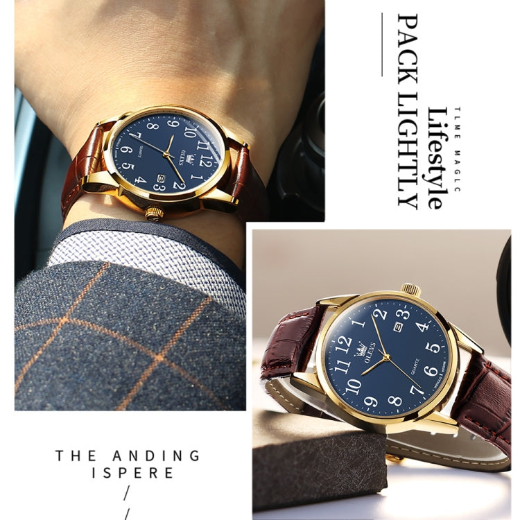 OLEVS 5566 Men Simple Single Calendar Waterproof Quartz Watch(Blue) - Leather Strap Watches by OLEVS | Online Shopping UK | buy2fix
