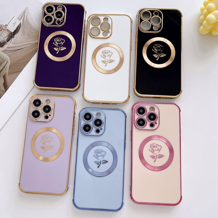 For iPhone 15 Pro Electroplate Side Roses Flower MagSafe Phone Case(Blue) - iPhone 15 Pro Cases by buy2fix | Online Shopping UK | buy2fix