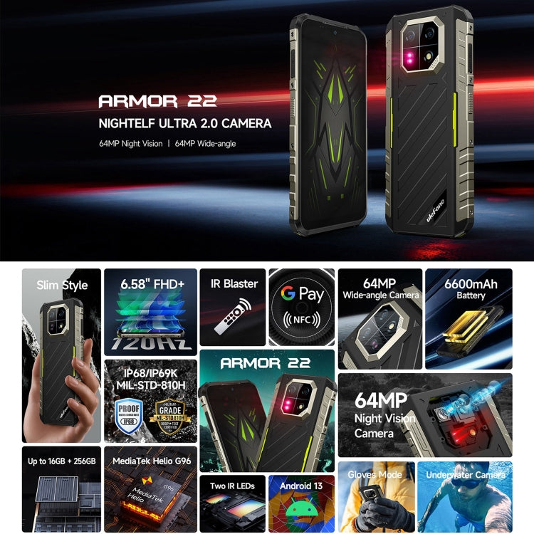 [HK Warehouse] Ulefone Armor 22, 8GB+256GB, IP68/IP69K Rugged Phone, 6.58 inch Android 13 MediaTek Helio G96 Octa Core, Network: 4G, NFC, OTG(Some Green) - Ulefone by Ulefone | Online Shopping UK | buy2fix