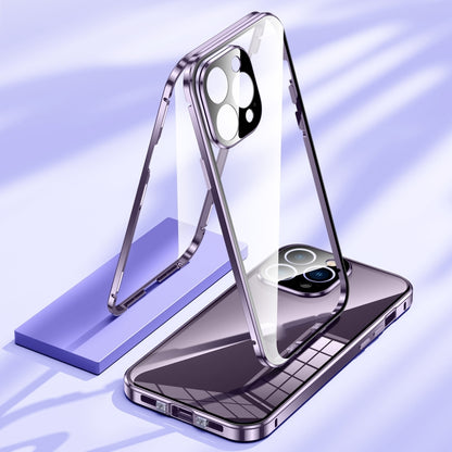 For iPhone 15 Pro Max Magnetic Double-buckle HD Tempered Glass Phone Case(Purple) - iPhone 15 Pro Max Cases by buy2fix | Online Shopping UK | buy2fix