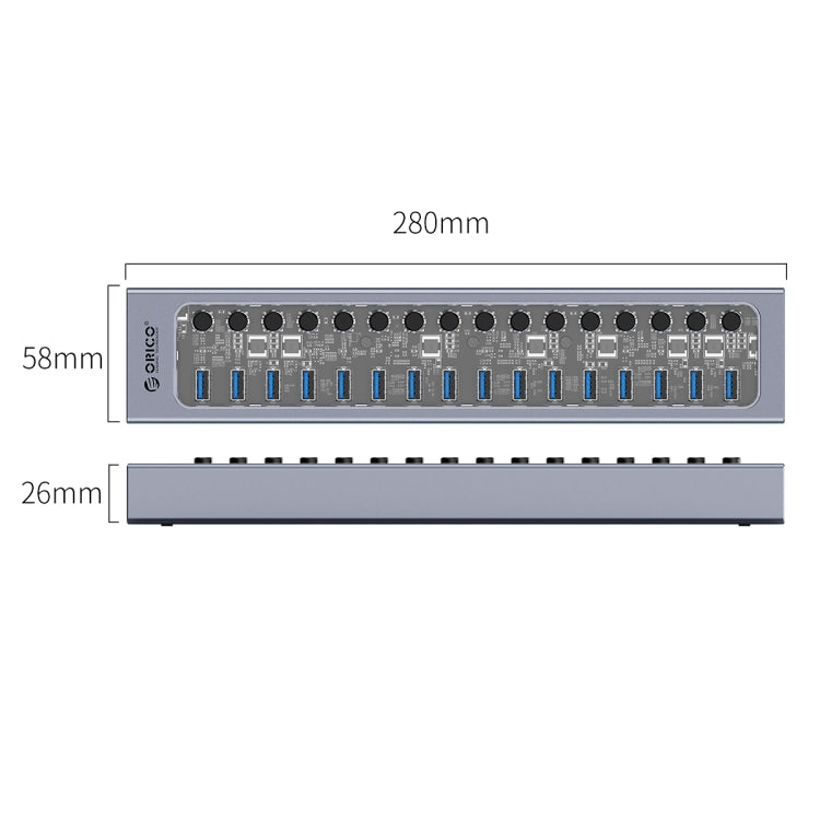 ORICO AT2U3-16AB-GY-BP 16 Ports USB 3.0 HUB with Individual Switches & Blue LED Indicator(UK Plug) - USB 3.0 HUB by ORICO | Online Shopping UK | buy2fix