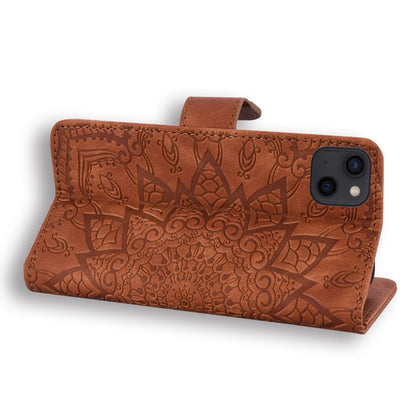 For iPhone 15 Pro Max Mandala Embossed Dual-Fold Calf Leather Phone Case(Brown) - iPhone 15 Pro Max Cases by buy2fix | Online Shopping UK | buy2fix