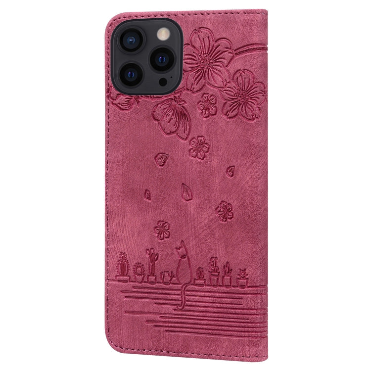 For iPhone 15 Pro Max Cartoon Sakura Cat Embossed Leather Phone Case(Wine Red) - iPhone 15 Pro Max Cases by buy2fix | Online Shopping UK | buy2fix