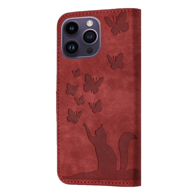 For iPhone 15 Pro Max Butterfly Cat Embossing Flip Leather Phone Case(Red) - iPhone 15 Pro Max Cases by buy2fix | Online Shopping UK | buy2fix