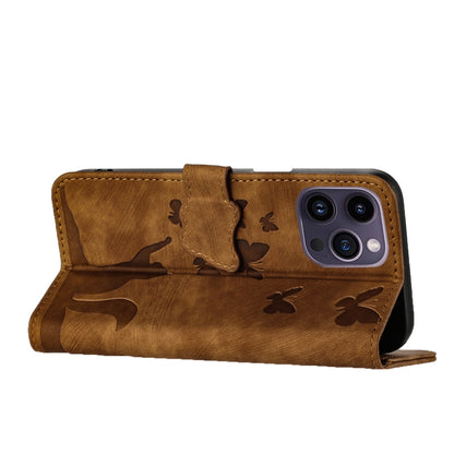 For iPhone 15 Pro Max Butterfly Cat Embossing Flip Leather Phone Case(Brown) - iPhone 15 Pro Max Cases by buy2fix | Online Shopping UK | buy2fix