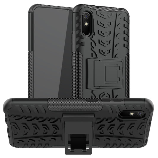 For Xiaomi Redmi 9A Tire Texture Shockproof TPU+PC Protective Case with Holder(Black) - Xiaomi Accessories by buy2fix | Online Shopping UK | buy2fix