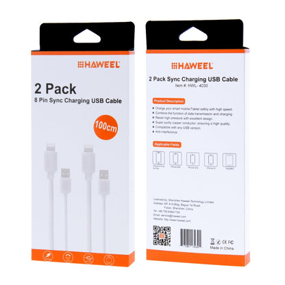 2 PCS HAWEEL 1m High Speed 8 pin to USB Sync and Charging Cable Kit for iPhone, iPad(White) - Normal Style Cable by buy2fix | Online Shopping UK | buy2fix