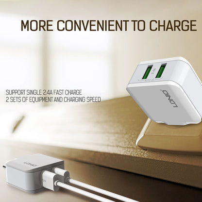 LDNIO A2201 2.4A Dual USB Charging Head Travel Direct Charge Mobile Phone Adapter Charger With 8 Pin Data Cable (US Plug) - Apple Accessories by LDNIO | Online Shopping UK | buy2fix