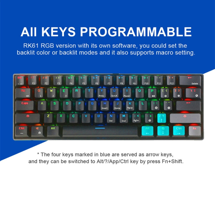 RK61 61 Keys Bluetooth / 2.4G Wireless / USB Wired Three Modes Brown Switch Tablet Mobile Gaming Mechanical Keyboard with RGB Backlight, Cable Length: 1.5m (Black) - Wired Keyboard by buy2fix | Online Shopping UK | buy2fix