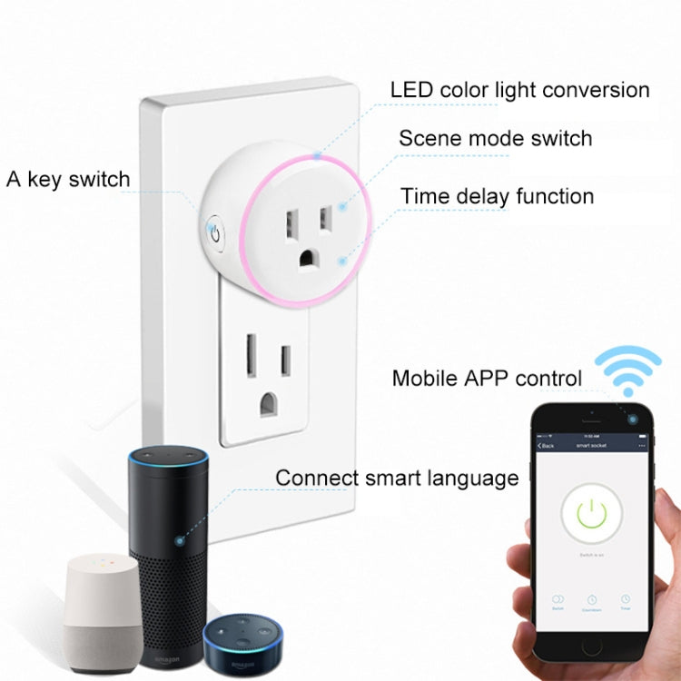 10A Round Shape WiFi 2.4GHz Mini Plug APP Remote Control Timing Smart Socket Works with Alexa & Google Home & Colorful Breathing Light, AC 100-240V, US Plug - Consumer Electronics by buy2fix | Online Shopping UK | buy2fix