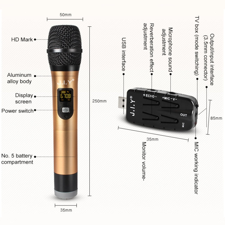 J.I.Y 2 in 1 K Song Wireless Microphones for TV PC with Audio Card USB Receiver and LED Display (Gold) - Consumer Electronics by buy2fix | Online Shopping UK | buy2fix
