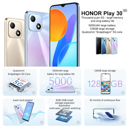 Honor Play 30 5G VNE-AN00, 8GB+128GB, China Version, Face Identification, 5000mAh, 6.5 inch Magic UI 5.0 /Android 11 Qualcomm Snapdragon 480 Plus Octa Core up to 2.2GHz, Network: 5G, Not Support Google Play(Silver) - Honor by Huawei | Online Shopping UK | buy2fix