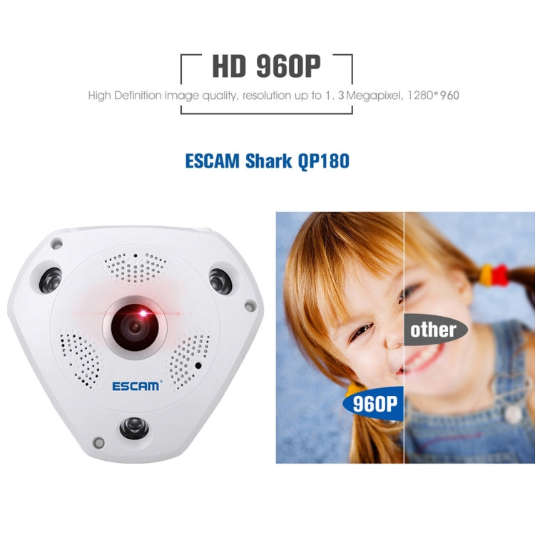 ESCAM Shark QP180 960P 360 Degrees Fisheye Lens 1.3MP WiFi IP Camera, Support Motion Detection / Night Vision, IR Distance: 10m - 360 Degree Camera by ESCAM | Online Shopping UK | buy2fix