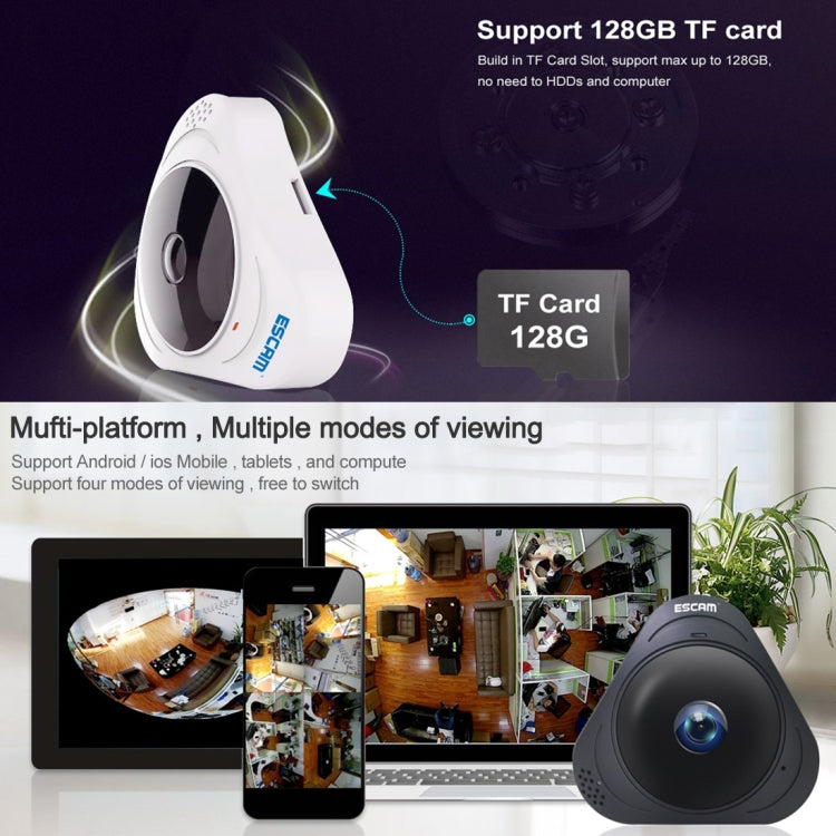 ESCAM Q8 960P 360 Degrees Fisheye Lens 1.3MP WiFi IP Camera, Support Motion Detection / Night Vision, IR Distance: 5-10m, AU Plug(White) - 360 Degree Camera by ESCAM | Online Shopping UK | buy2fix