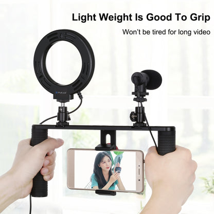 PULUZ 4 in 1 Vlogging Live Broadcast 4.7 inch 12cm Ring LED Selfie Light Smartphone Video Rig Handle Stabilizer Aluminum Bracket Kits with Microphone + Tripod Mount + Cold Shoe Tripod Head - Camera Accessories by PULUZ | Online Shopping UK | buy2fix