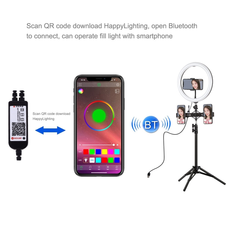 PULUZ 11.8 inch 30cm RGBW Light + 1.1m Tripod Mount + Dual Phone Brackets+ Curved Surface RGB Dimmable LED Dual Color Temperature LED Ring Selfie Vlogging Video Light  Live Broadcast Kits with Cold Sh ... od Ball Head & Phone Clamp & Remote Control(Black) - Ring Light by PULUZ | Online Shopping UK | buy2fix