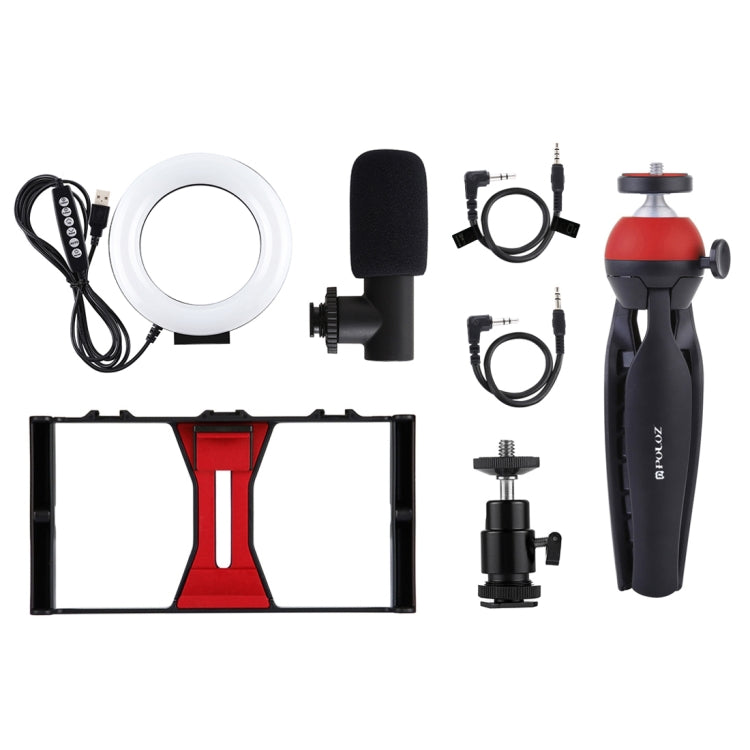 PULUZ 4 in 1 Vlogging Live Broadcast Smartphone Video Rig + 4.7 inch 12cm RGBW Ring LED Selfie Light + Microphone + Pocket Tripod Mount Kits with Cold Shoe Tripod Head(Red) - Camera Cage by PULUZ | Online Shopping UK | buy2fix