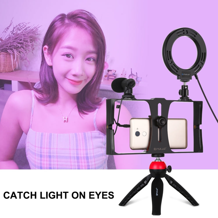 PULUZ 4 in 1 Vlogging Live Broadcast Smartphone Video Rig + 4.7 inch 12cm RGBW Ring LED Selfie Light + Microphone + Pocket Tripod Mount Kits with Cold Shoe Tripod Head(Red) - Camera Cage by PULUZ | Online Shopping UK | buy2fix