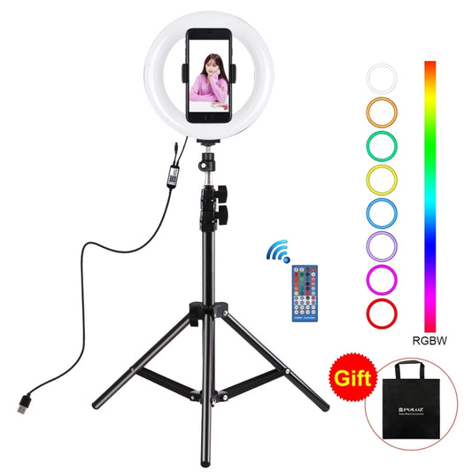 PULUZ 7.9 inch 20cm USB RGB Light+ 1.1m Tripod Mount Dimmable LED Dual Color Temperature LED Curved Light Ring Vlogging Selfie Photography Video Lights with Phone Clamp(Black) - Ring Light by PULUZ | Online Shopping UK | buy2fix