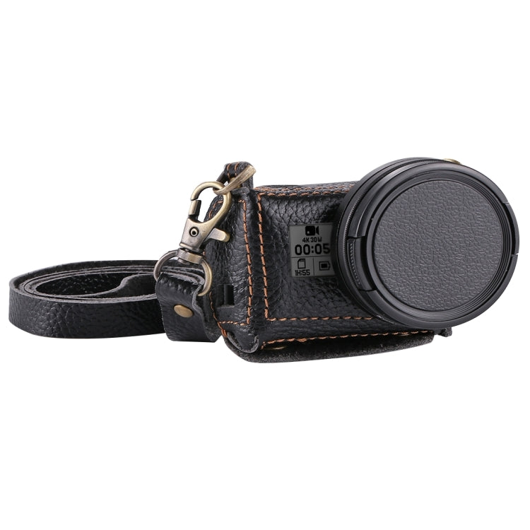 PULUZ for GoPro HERO7 Black /6 /5 Litchi Texture Genuine Leather Housing Case with Set Key Hole & Neck Strap & 52mm UV Lens(Black) - DJI & GoPro Accessories by PULUZ | Online Shopping UK | buy2fix