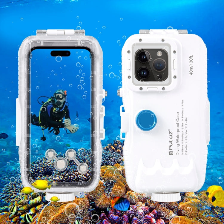 PULUZ 40m/130ft Waterproof Diving Case for iPhone 15 Pro Max / 15 Plus / 14 Plus / 14 Pro Max / 13 Pro Max / 12 Pro Max / 11 Pro Max, with One-way Valve Photo Video Taking Underwater Housing Cover(White) - iPhone 15 Pro Max Cases by PULUZ | Online Shopping UK | buy2fix