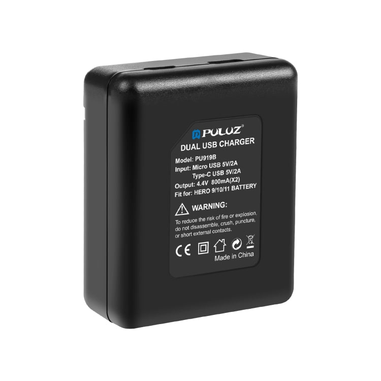 PULUZ USB Dual Batteries Charger for GoPro HERO12 Black /11 Black /10 Black /9 Black (Black) - Charger by PULUZ | Online Shopping UK | buy2fix