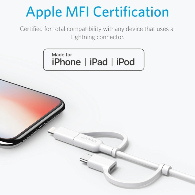 ANKER 3 in 1 8 Pin + Micro USB + USB-C / Type-C Interface MFI Certificated Data Cable(White) - Apple Accessories by ANKER | Online Shopping UK | buy2fix