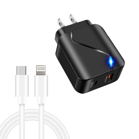 LZ-819A+C 18W QC3.0 USB + PD USB-C / Type-C Interface Travel Charger with Indicator Light + USB-C / Type-C to 8 Pin Fast Charging Data Cable Set, US Plug(Black) - Mobile Accessories by buy2fix | Online Shopping UK | buy2fix