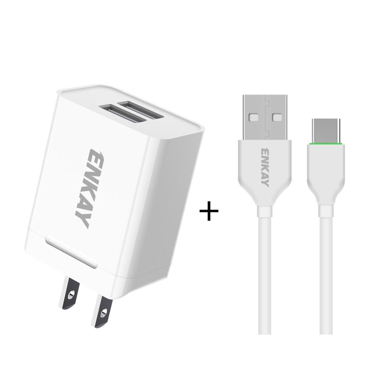 ENKAY Hat-Prince U008-1 10.5W 2.1A Dual USB Charging US Plug Travel Power Adapter With 2.1A 1m Type-C Cable - USB Charger by ENKAY | Online Shopping UK | buy2fix