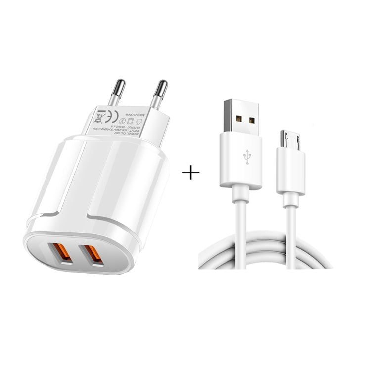 Dual USB Portable Travel Charger + 1 Meter USB to Micro USB Data Cable, EU Plug(White) - Mobile Accessories by buy2fix | Online Shopping UK | buy2fix