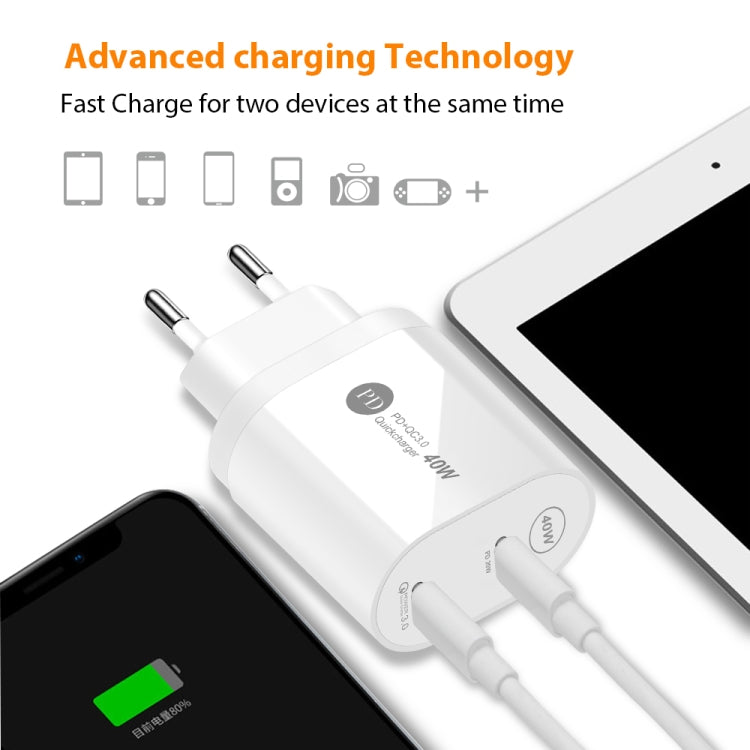 40W Dual Port PD / Type-C Fast Charger for iPhone / iPad Series, EU Plug(White) - USB Charger by buy2fix | Online Shopping UK | buy2fix