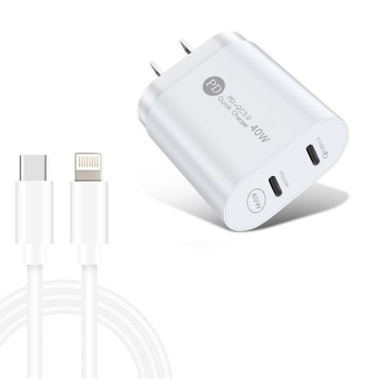 002 40W Dual Port PD / Type-C Fast Charger with USB-C to 8 Pin Data Cable, US Plug(White) - Apple Accessories by buy2fix | Online Shopping UK | buy2fix