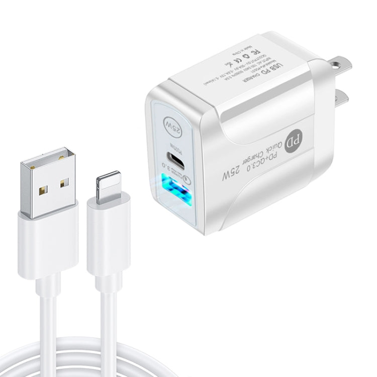 PD25W USB-C / Type-C + QC3.0 USB Dual Ports Fast Charger with USB to 8 Pin Data Cable, US Plug(White) - Apple Accessories by buy2fix | Online Shopping UK | buy2fix