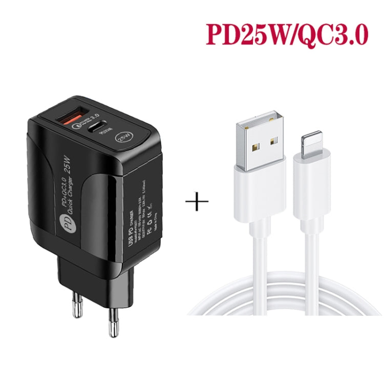 PD25W USB-C / Type-C + QC3.0 USB Dual Ports Fast Charger with USB to 8 Pin Data Cable, EU Plug(Black) - Apple Accessories by buy2fix | Online Shopping UK | buy2fix