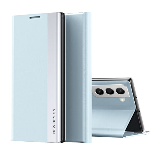 For Samsung Galaxy S22 5G Side Electroplated Magnetic Ultra-Thin Horizontal Flip Leather Case with Holder(Light Blue) - Samsung Accessories by buy2fix | Online Shopping UK | buy2fix