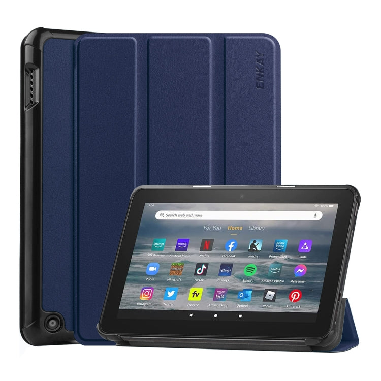 For Amazon Fire 7 12th 2022 ENKAY Smart Leather Tablet Case(Dark Blue) - Amazon by ENKAY | Online Shopping UK | buy2fix