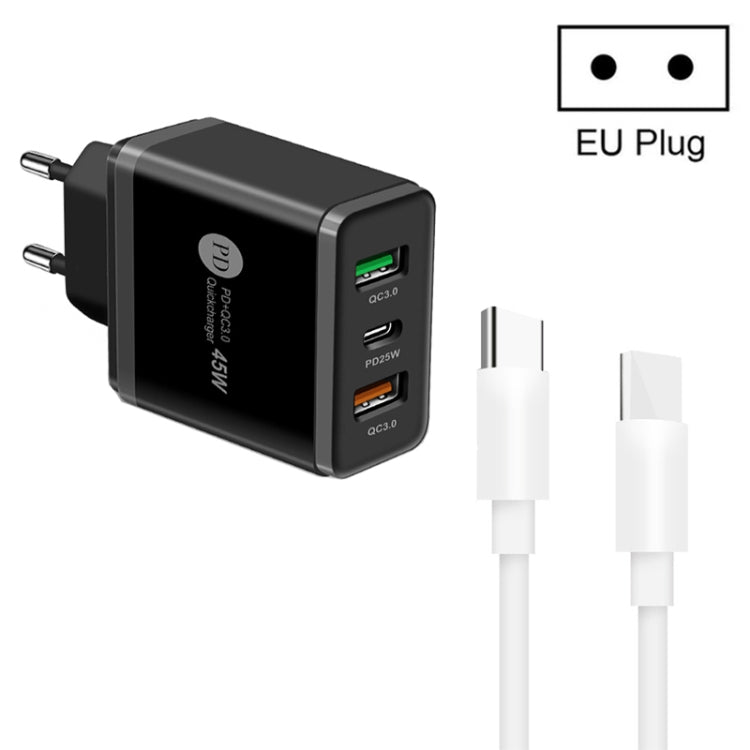 45W PD3.0 + 2 x QC3.0 USB Multi Port Charger with Type-C to Type-C Cable, EU Plug(Black) - Mobile Accessories by buy2fix | Online Shopping UK | buy2fix