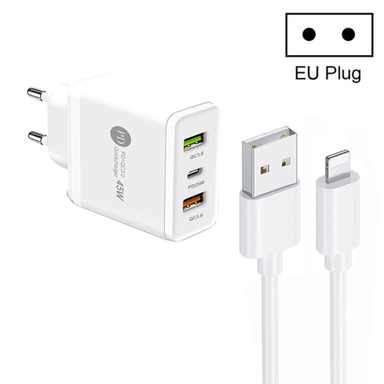 45W PD25W + 2 x QC3.0 USB Multi Port Charger with USB to 8 Pin Cable, EU Plug(White) - Apple Accessories by buy2fix | Online Shopping UK | buy2fix