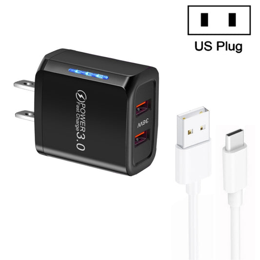 36W Dual Port QC3.0 USB Charger with 3A USB to Type-C Data Cable, US Plug(Black) - Mobile Accessories by buy2fix | Online Shopping UK | buy2fix