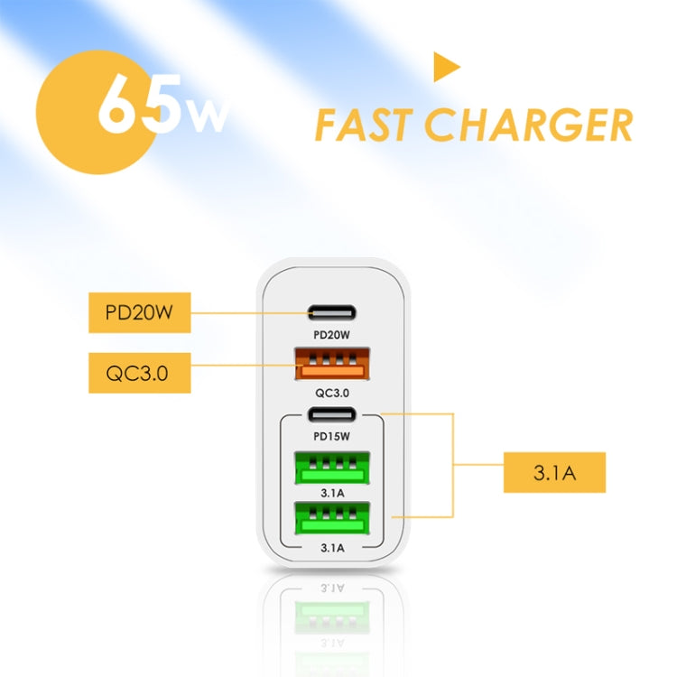 65W Dual PD Type-C + 3 x USB Multi Port Charger with 3A Type-C to 8 Pin Data Cable, EU Plug(White) - USB Charger by buy2fix | Online Shopping UK | buy2fix